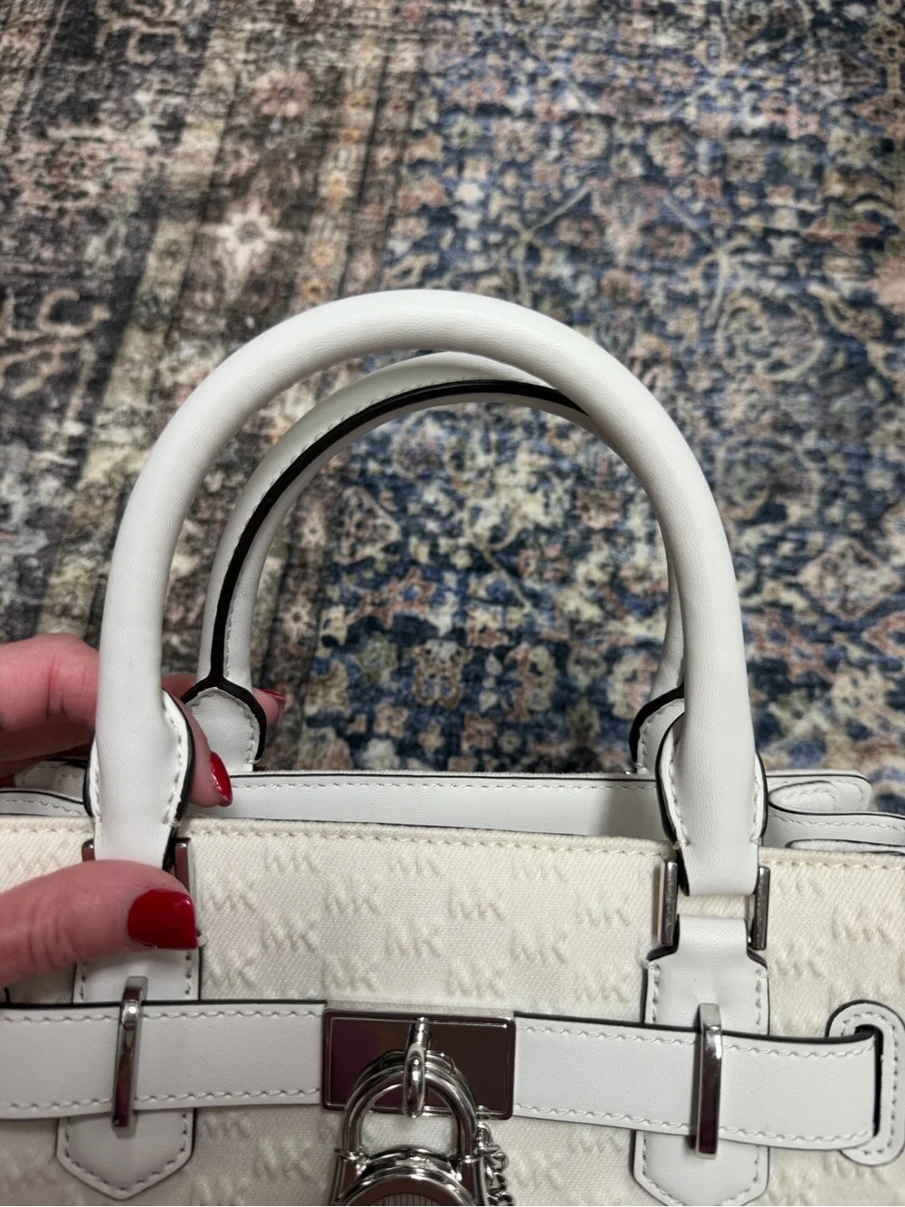 Michael Kors White Monogram Satchel with Silver Hardware
